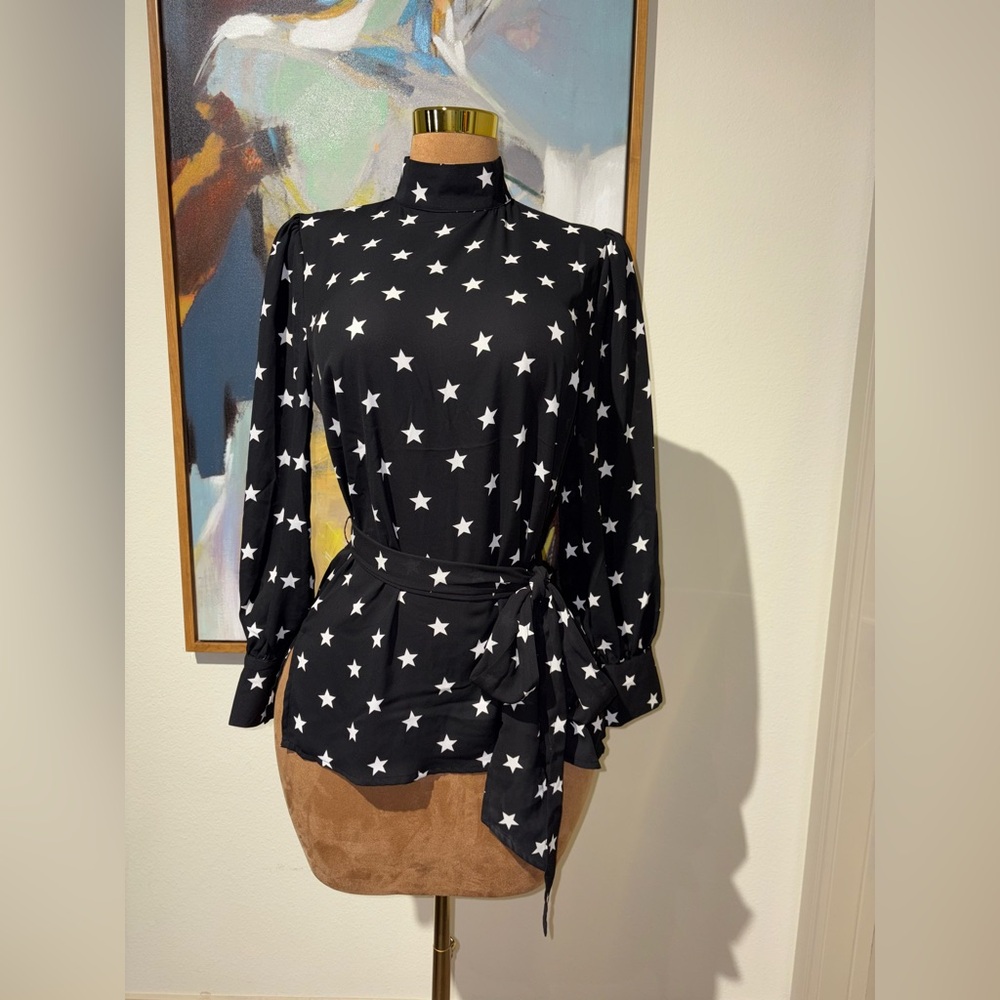 New York & Company Black Star Pattern Blouse